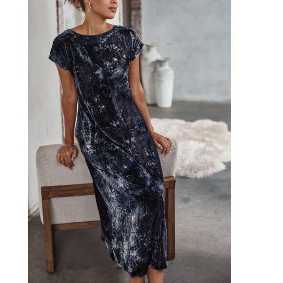 J. Jill Purejill Tie-dyed Velvet Maxi Midi Dress Womens Medium Deep Blue Shift - Picture 1 of 10